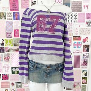 purple grey striped varsity long sleeve top size small